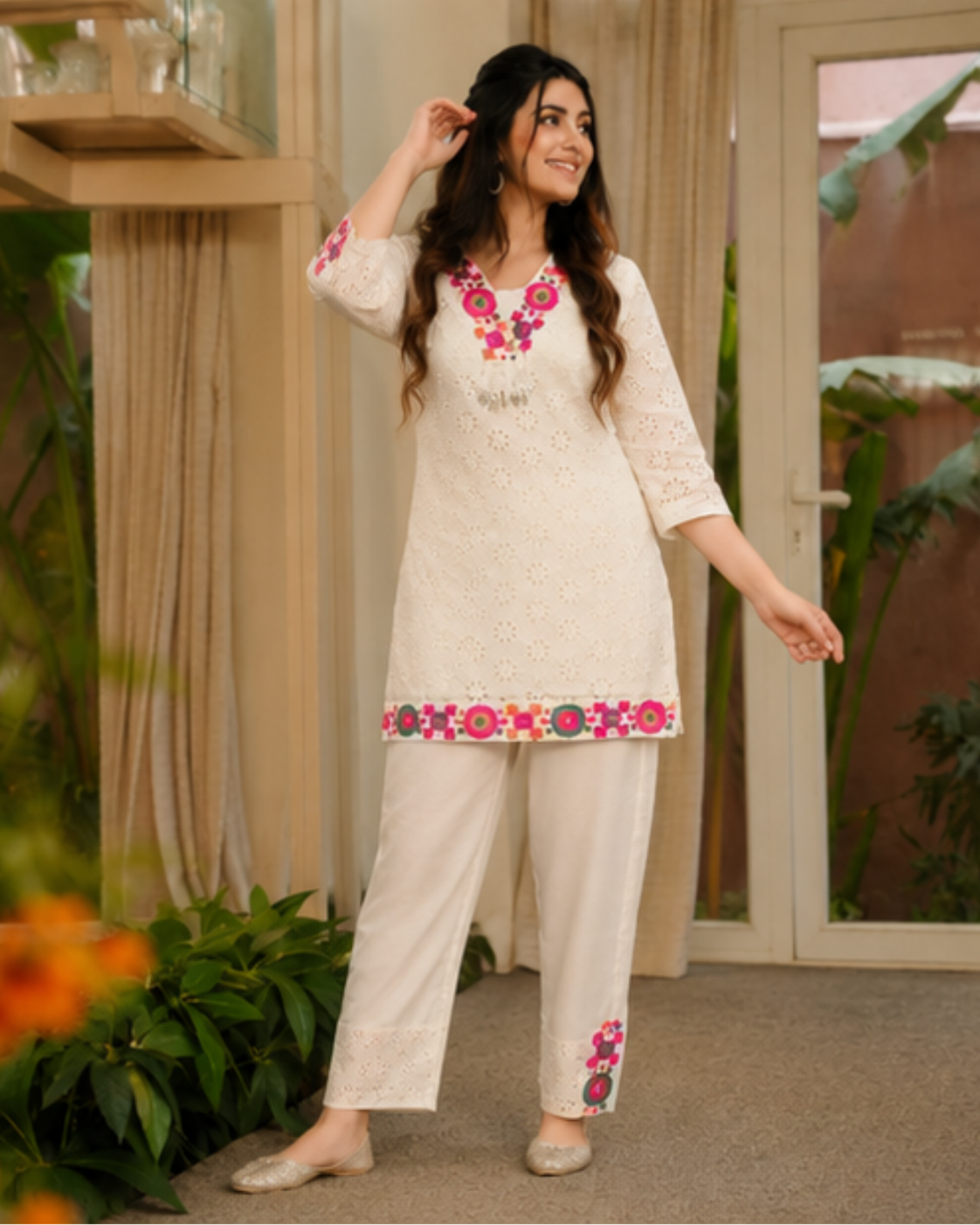 Abstract Embroidered Pure Cotton Top With Trouser Co-Ords