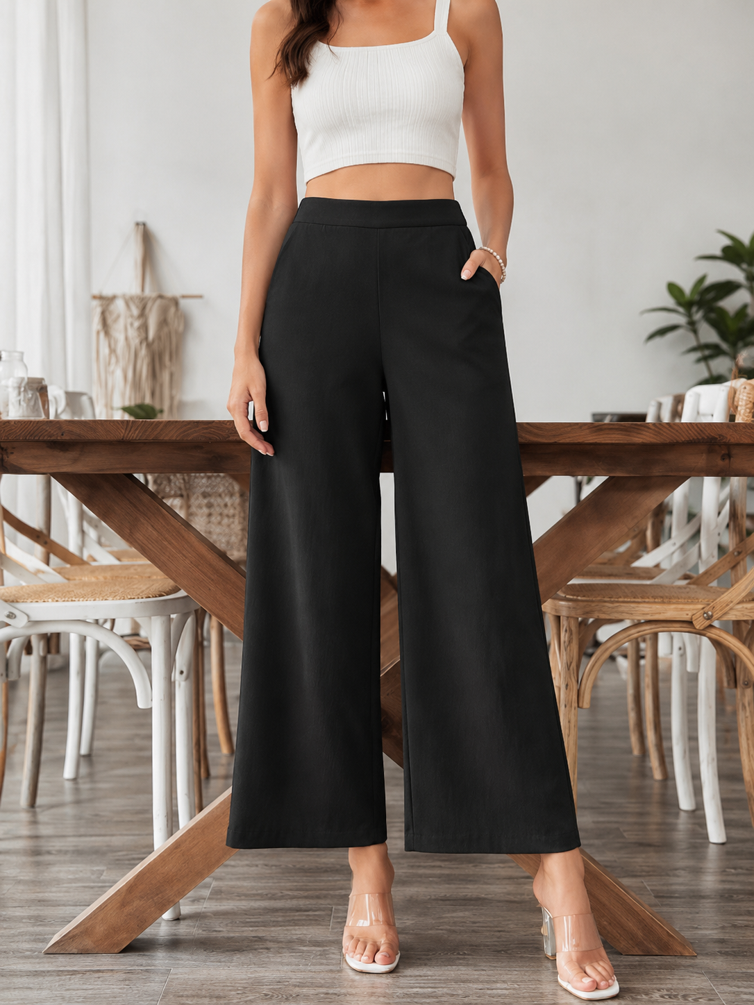 Women's Black Airy Linen Wide-Leg Pants