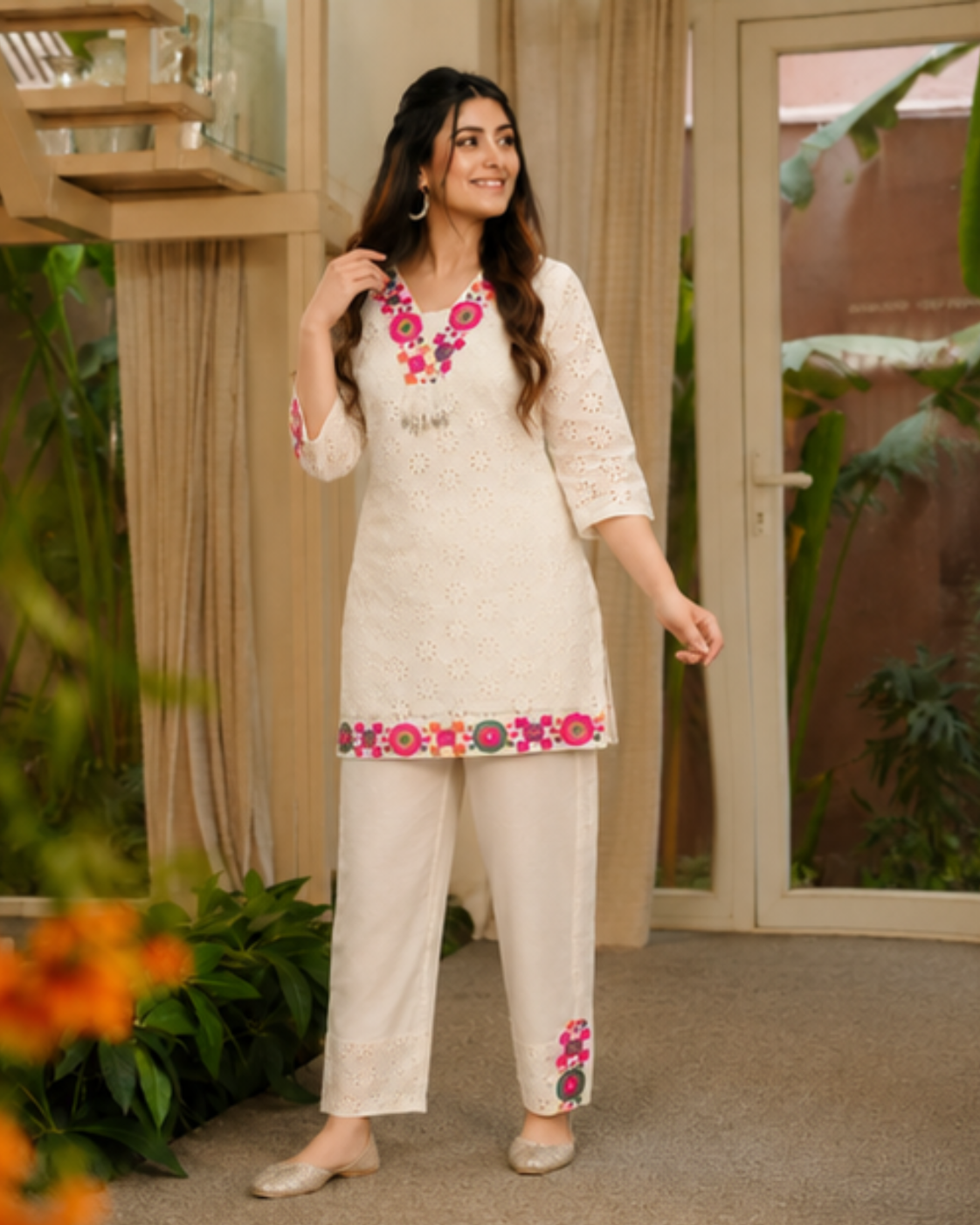 Abstract Embroidered Pure Cotton Top With Trouser Co-Ords