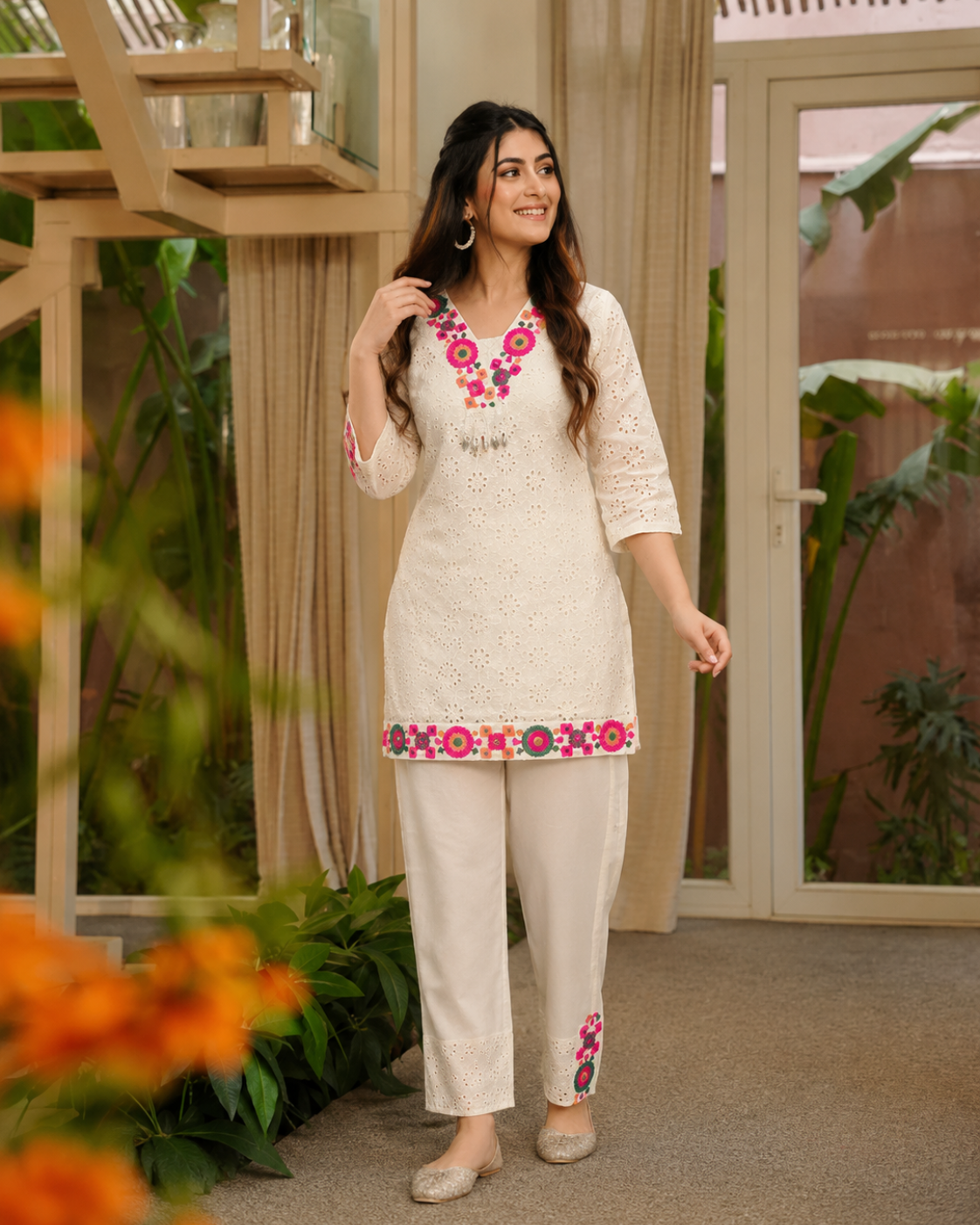 Abstract Embroidered Pure Cotton Top With Trouser Co-Ords