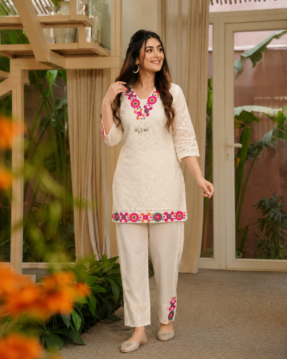 Abstract Embroidered Pure Cotton Top With Trouser Co-Ords