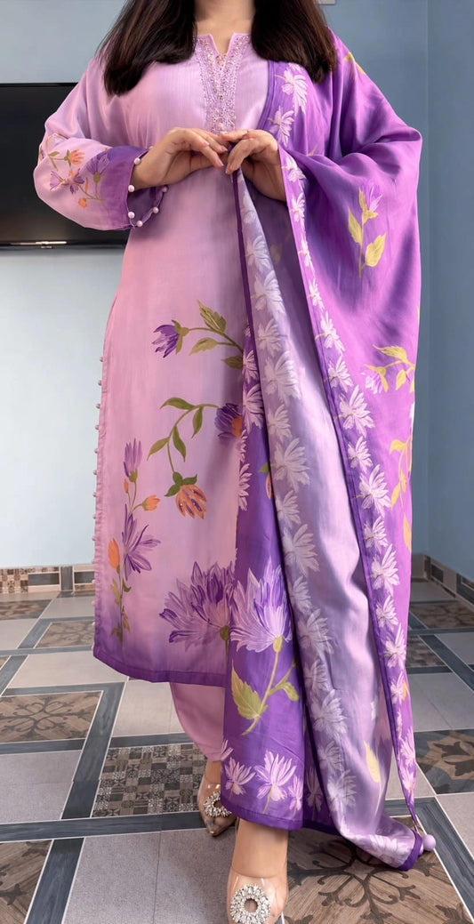 Elegant Lavender Floral Printed Kurta Pant Set for Women