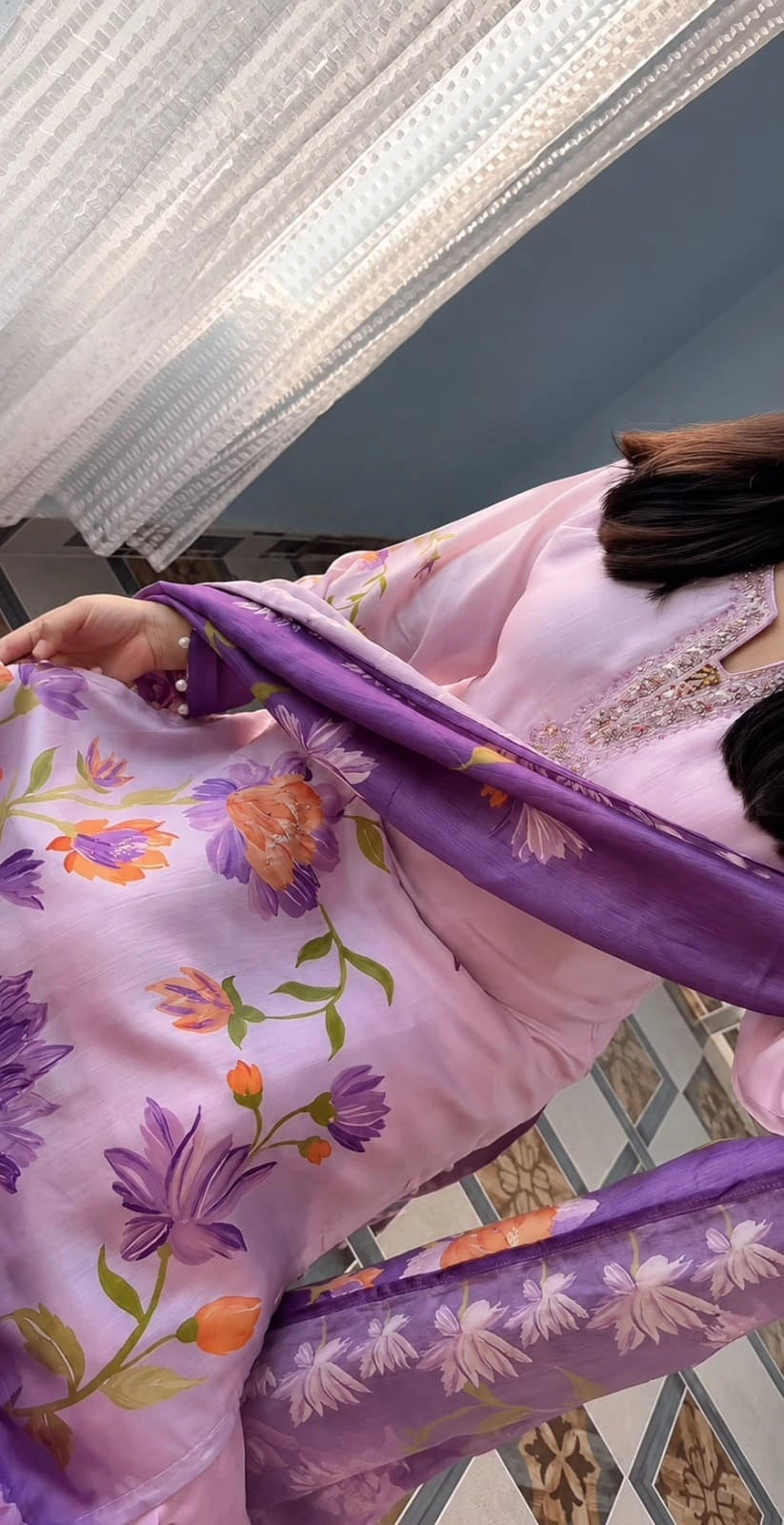 Elegant Lavender Floral Printed Kurta Pant Set for Women