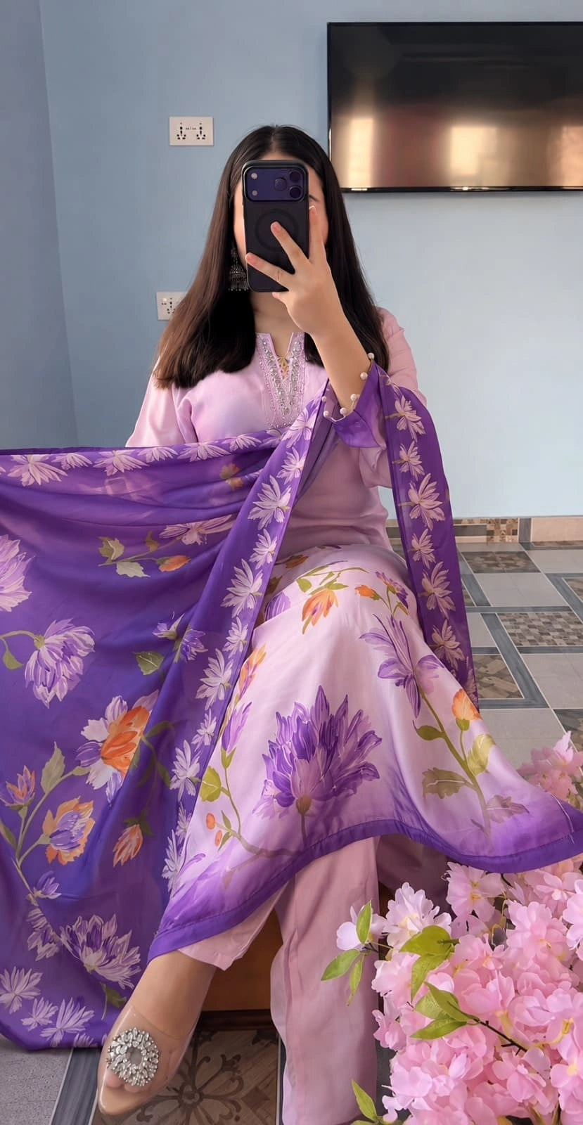 Elegant Lavender Floral Printed Kurta Pant Set for Women