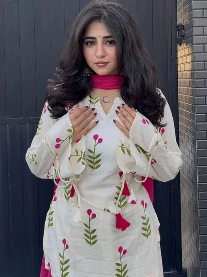 Ivory Floral Printed Cotton Kurta Pant & Dupatta Set