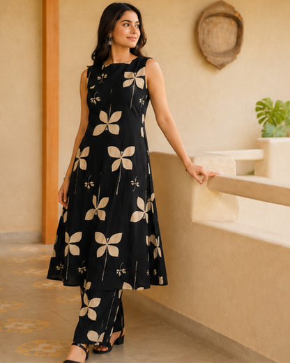 Black Floral Print Sleeveless Kurta Set
